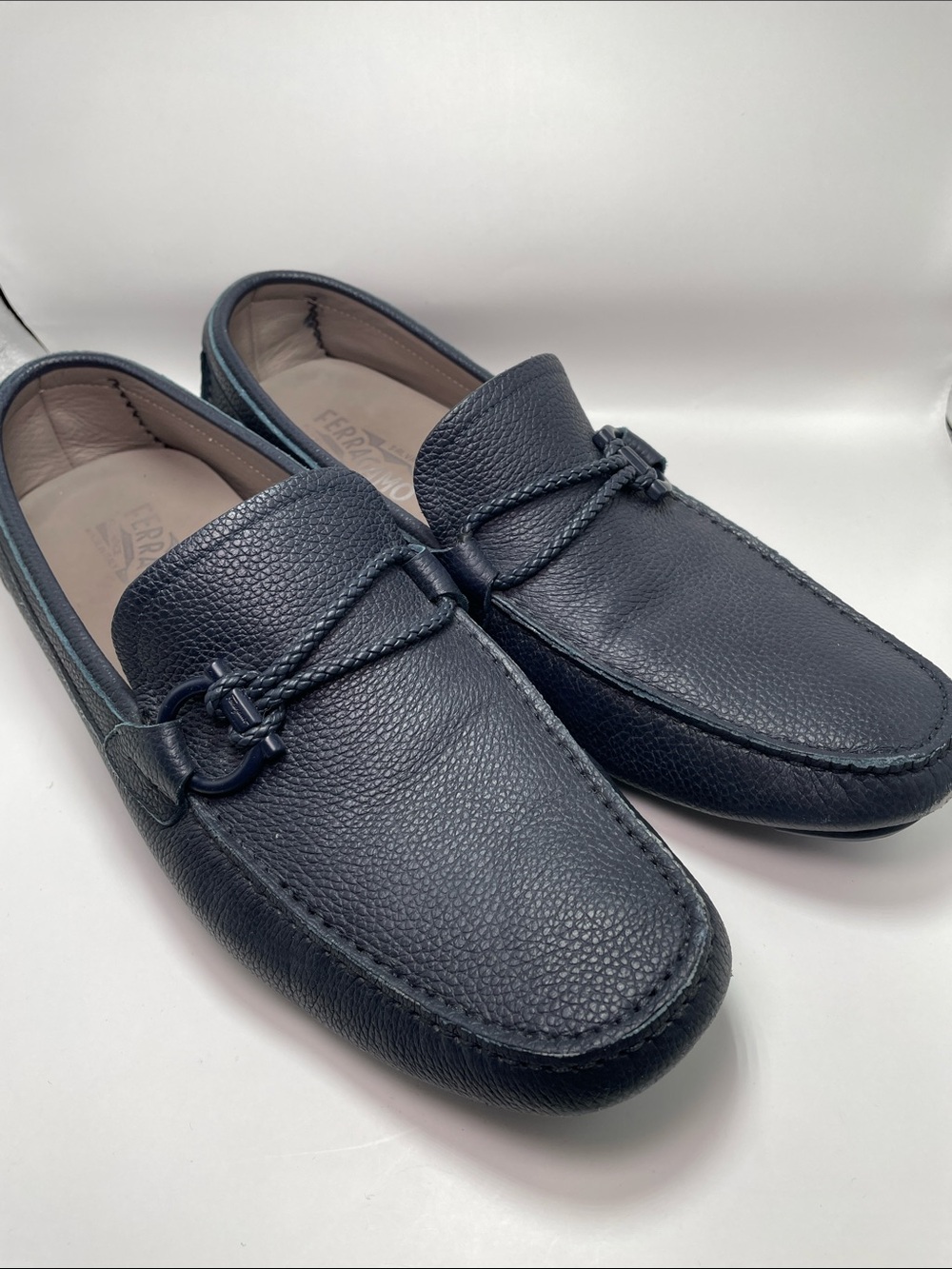 Salvatore Ferragamo Gancini Drivers Loafers Shoes Navy - 9